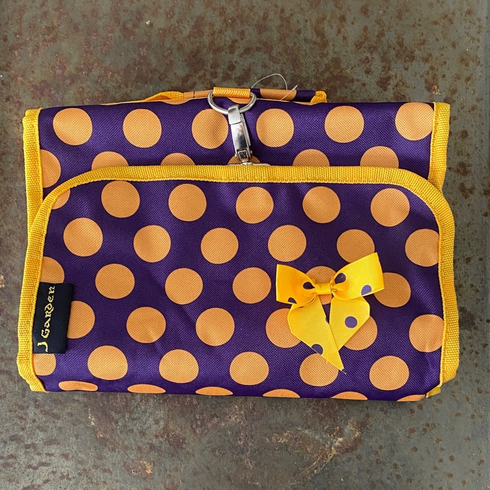 J Garden Purple & Gold Polka Dot Hanging Trifold Cosmetic/Travel Bag w/ Bow #LSU